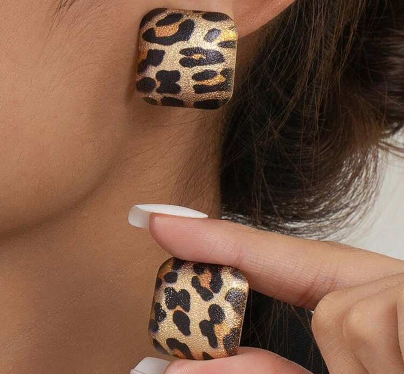 Clip on 1" gold multi colored animal print square earrings