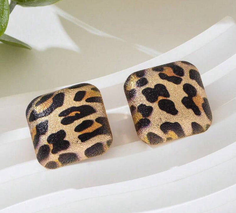 Clip on 1" gold multi colored animal print square earrings