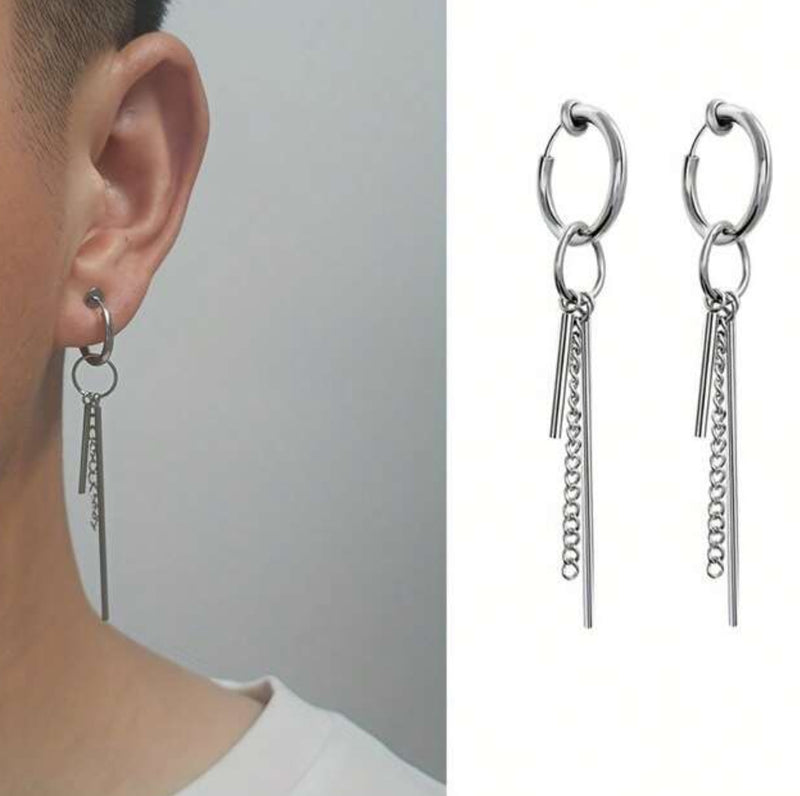 Clip on 3" silver spring back hoop earrings with dangle sticks and chains