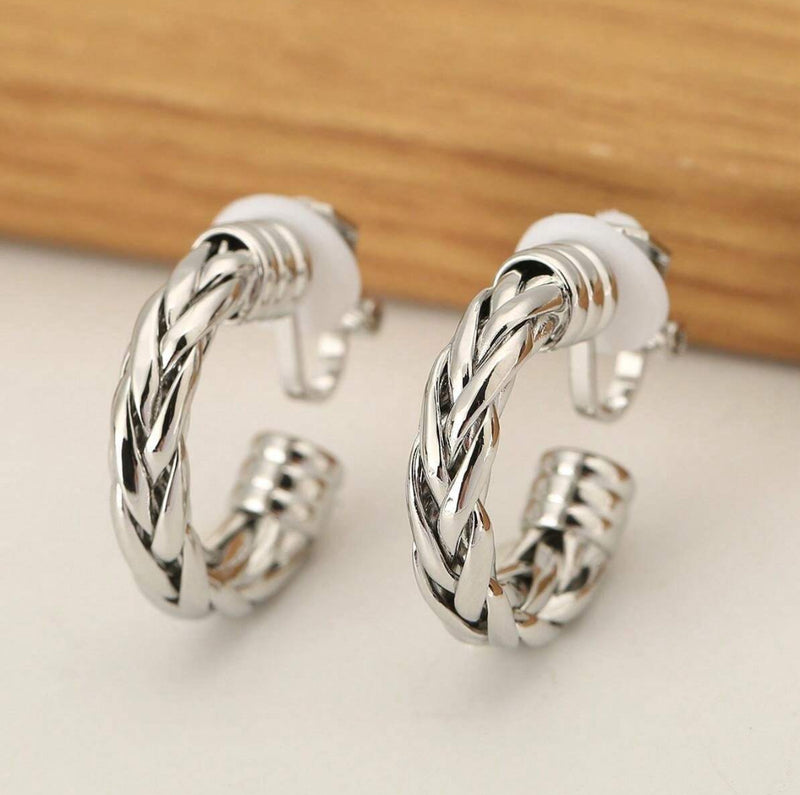 Clip on 3/4" silver woven open back hoop earrings