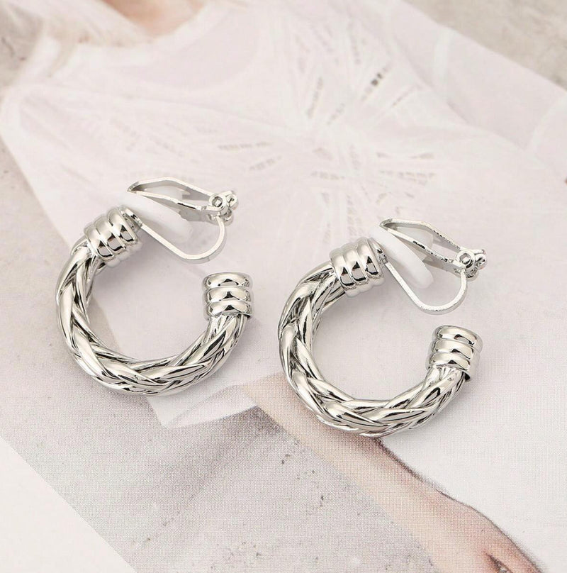 Clip on 3/4" silver woven open back hoop earrings