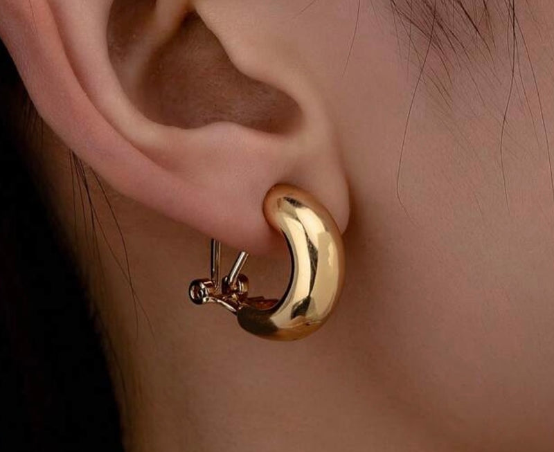 Clip on 3/4" shiny gold round edge half hoop earrings