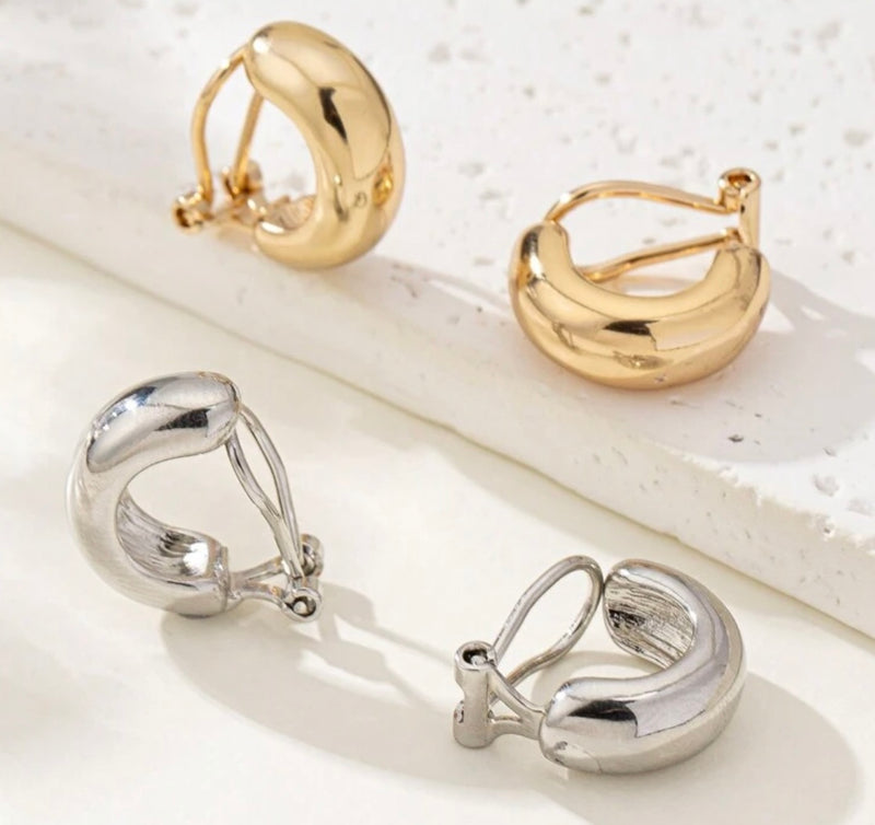 Clip on 3/4" shiny gold round edge half hoop earrings