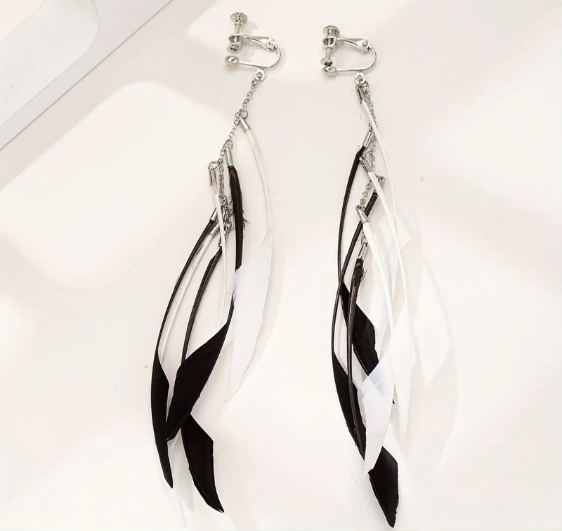 Clip on 6 1/4" Xlong silver chain black and white feather dangle earrings