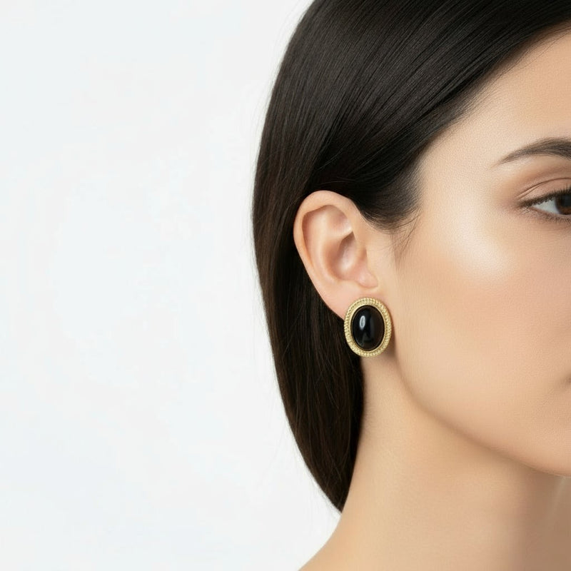 Clip on 3/4" gold and black stone oval button style earrings