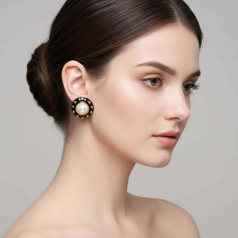 Clip on 1" gold bead and black round earrings with center pearl