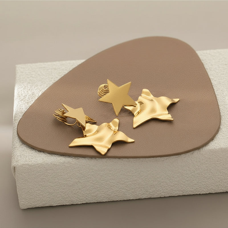 Clip on 2" gold comfort fit coil dangle star earrings