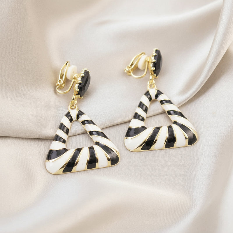 Clip on 2" gold, black and white stripe dangle triangle earrings