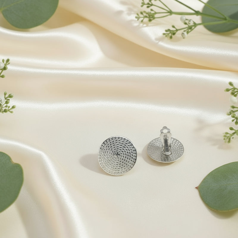 Clip on 1" textured silver thin round button style earrings