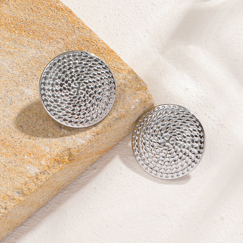 Clip on 1" textured silver thin round button style earrings