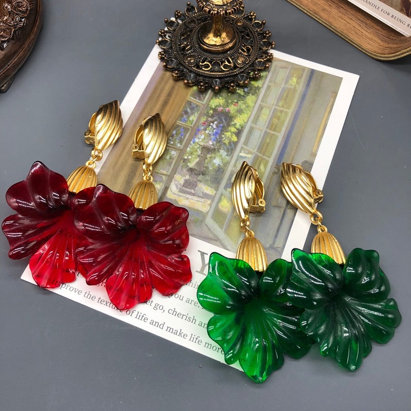 Vintage 3 3/4" Xlarge clip on matte gold and green bent flower earrings