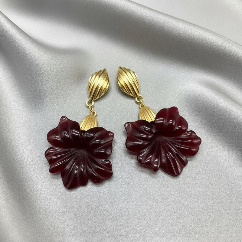 Vintage 3 3/4" Xlarge clip on matte gold and green bent flower earrings