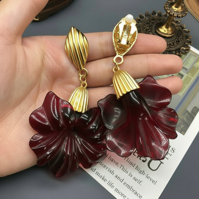 Vintage 3 3/4" Xlarge clip on matte gold and green bent flower earrings