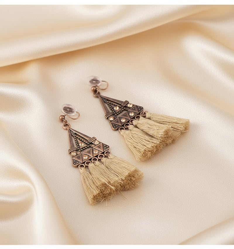 Clip on 3 1/4" xlong copper comfort fit coil dangle brown string earrings