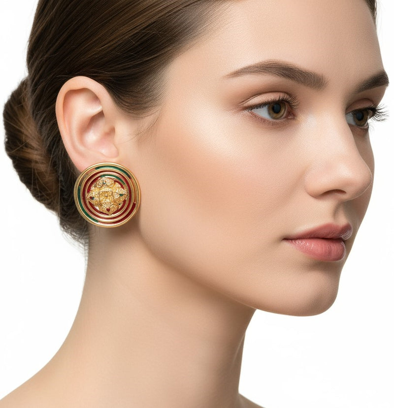 Clip on 1 1/4" gold, red and green indented cutout circle earrings