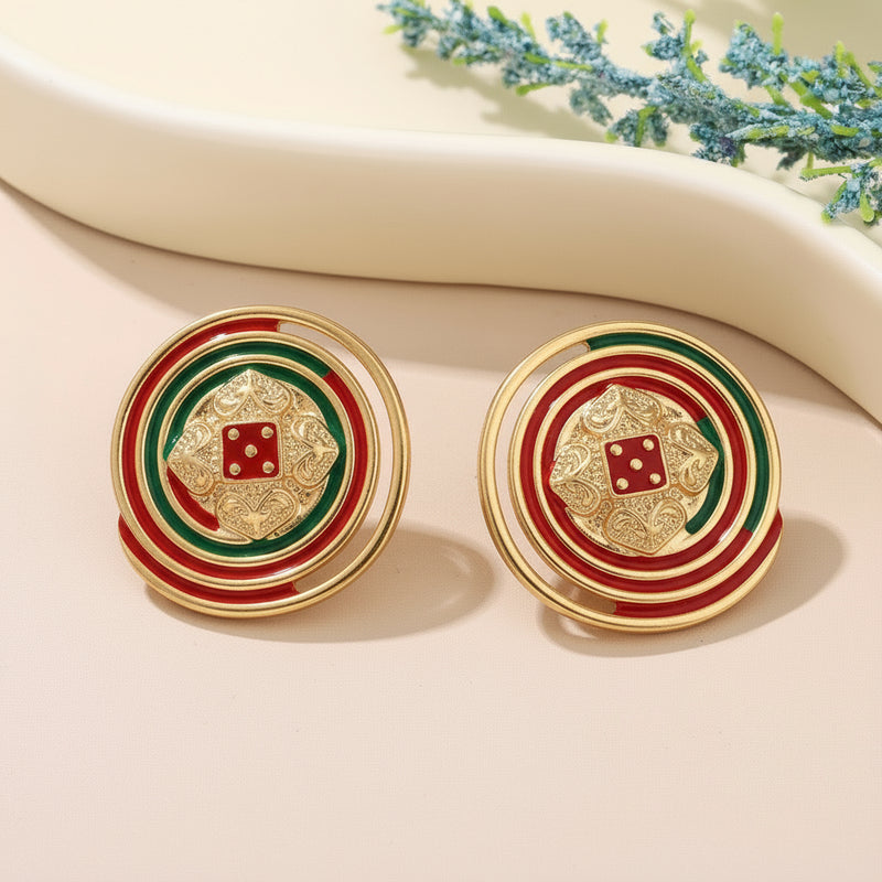 Clip on 1 1/4" gold, red and green indented cutout circle earrings