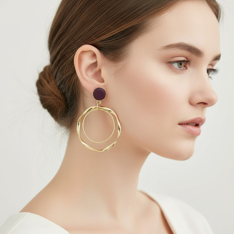 Clip on 2 1/2" burgundy and gold twisted multi hoop earrings