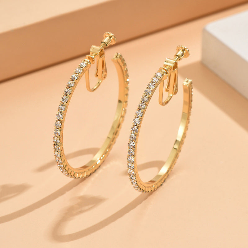 Clip on 1 3/4" gold clear stone open back hoop earrings