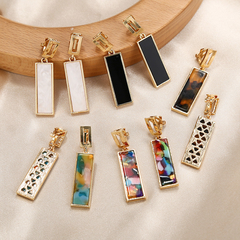 Clip on 2" gold, red, blue multi colored long square stone earrings