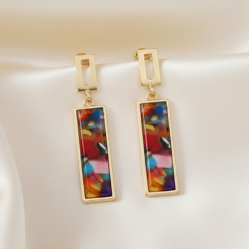 Clip on 2" gold, red, blue multi colored long square stone earrings