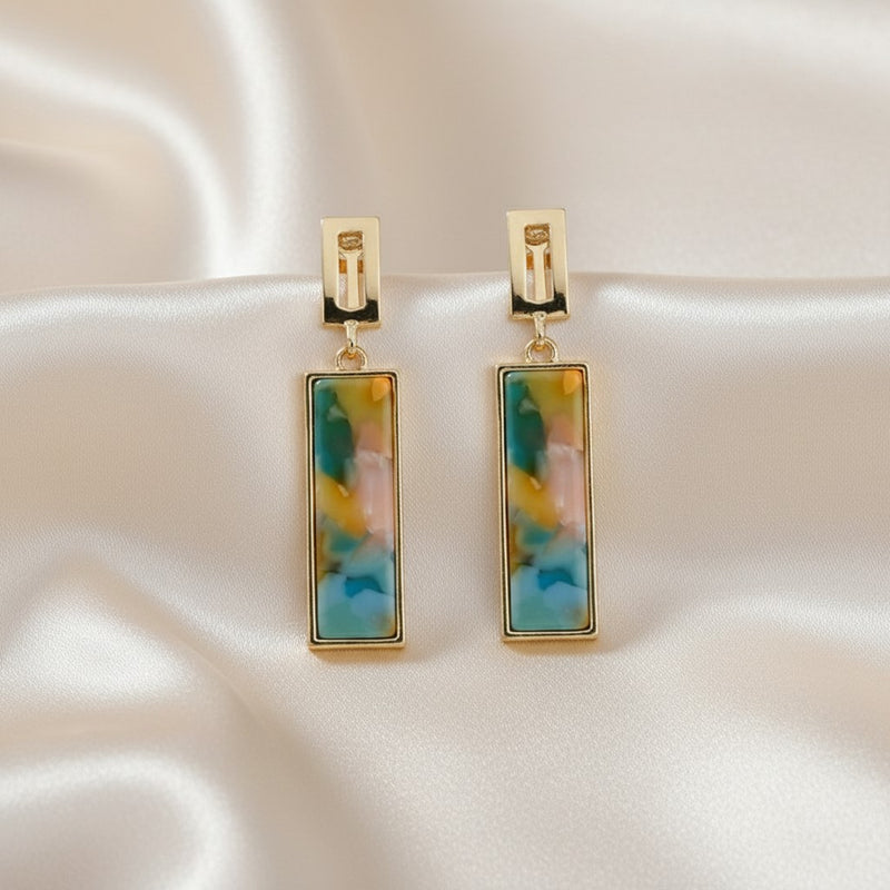 Clip on 2" gold, orange and turquoise long square stone earrings