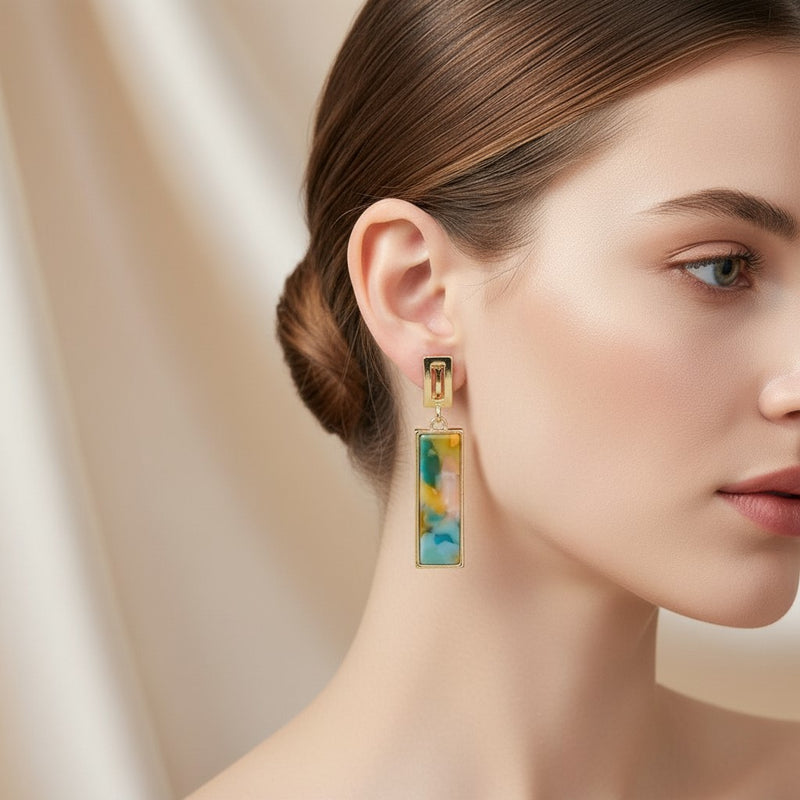 Clip on 2" gold, orange and turquoise long square stone earrings