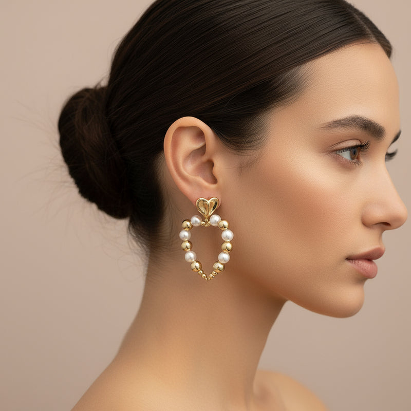 Clip on 2 1/2" lg comfort fit coil gold & pearl pinched heart earrings