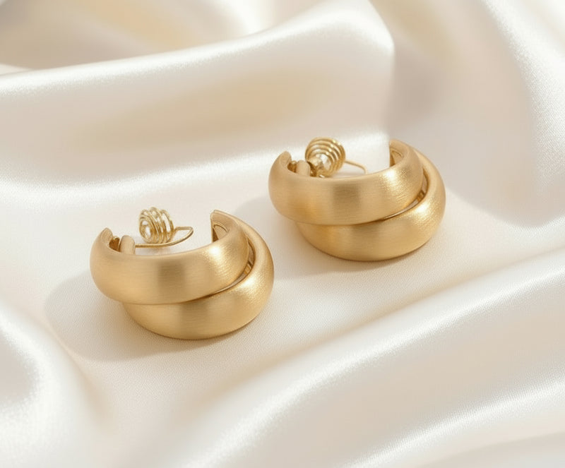 Clip on 2 1/2" round gold top earrings with dangle turquoise woven hoop