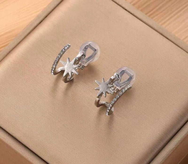 Clip on 1/2" silver double row star hoop earrings with clear stones