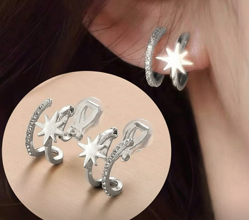 Clip on 1/2" silver double row star hoop earrings with clear stones