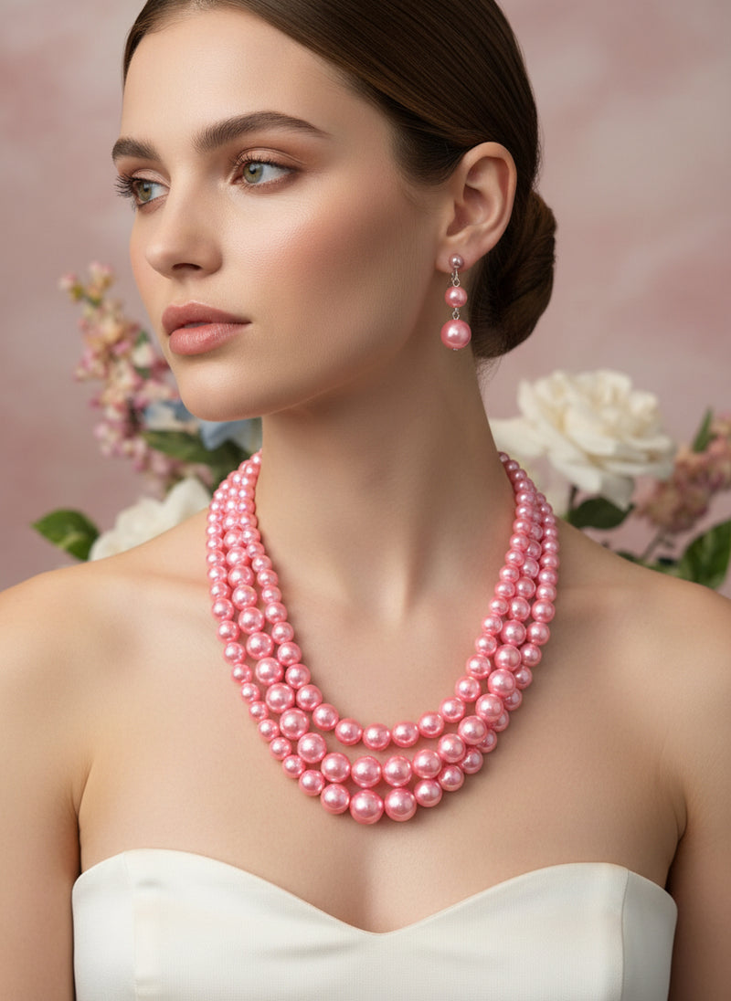 Clip on silver and pink bead three strand necklace and earring set