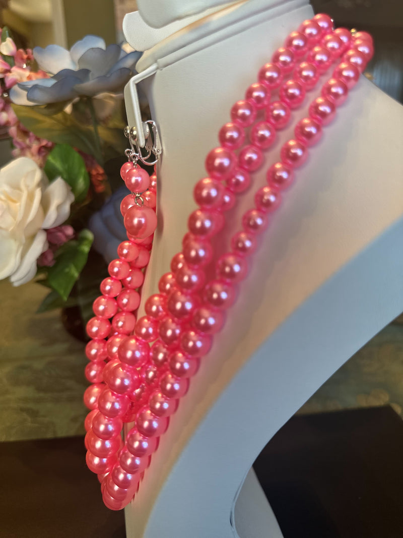 Clip on silver and pink bead three strand necklace and earring set