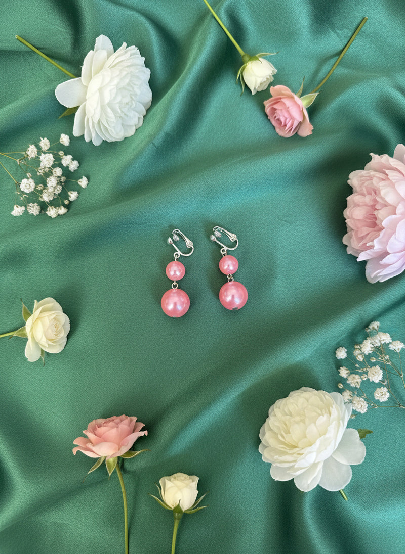 Clip on silver and pink bead three strand necklace and earring set