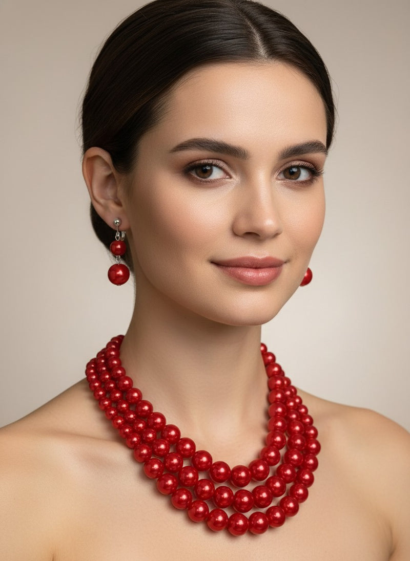 Clip on silver and red bead three strand necklace and earring set