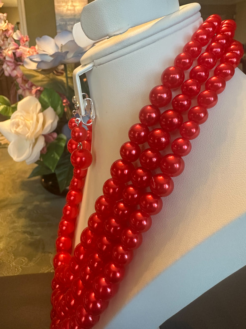 Clip on silver and red bead three strand necklace and earring set