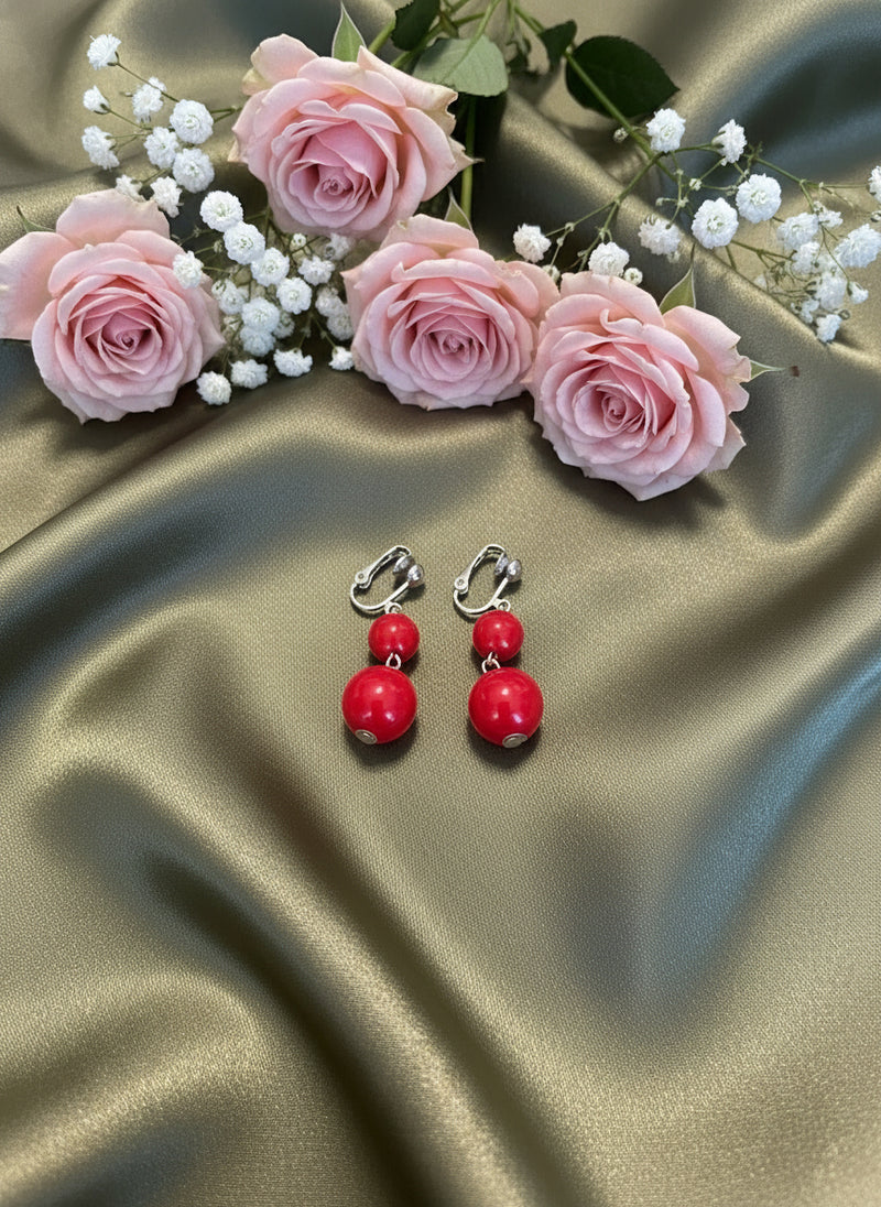 Clip on silver and red bead three strand necklace and earring set