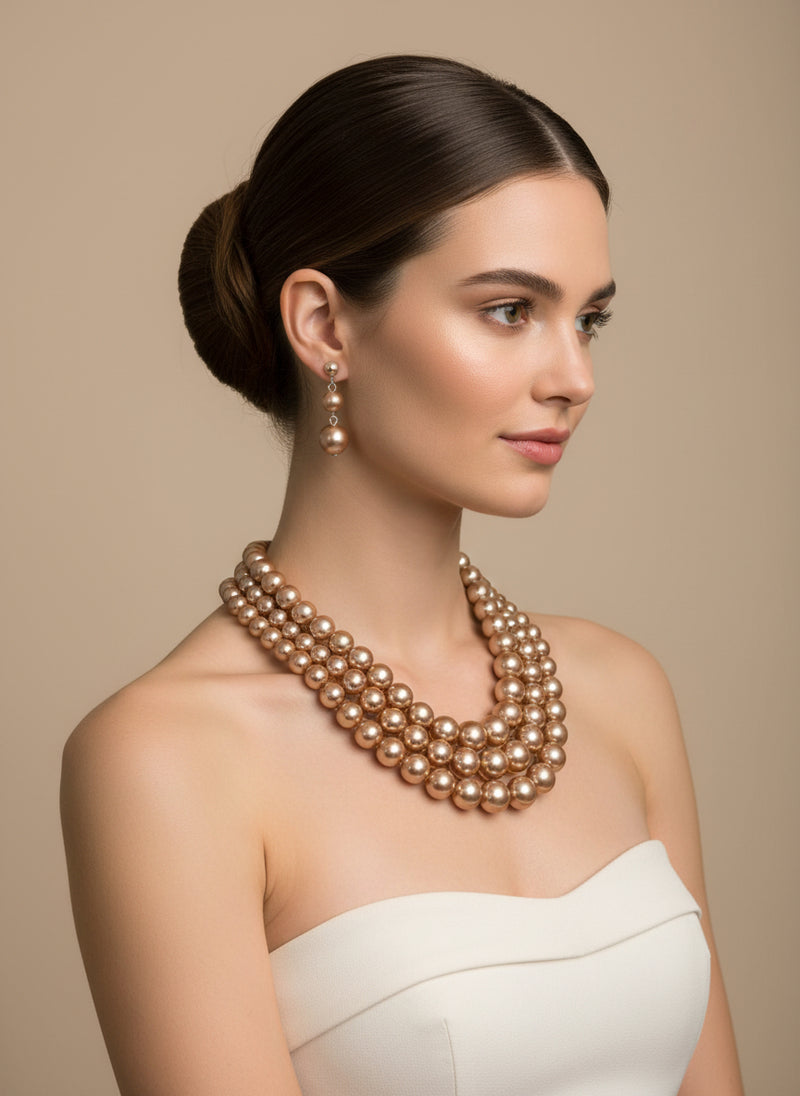 Clip on silver and brown bead three strand necklace and earring set