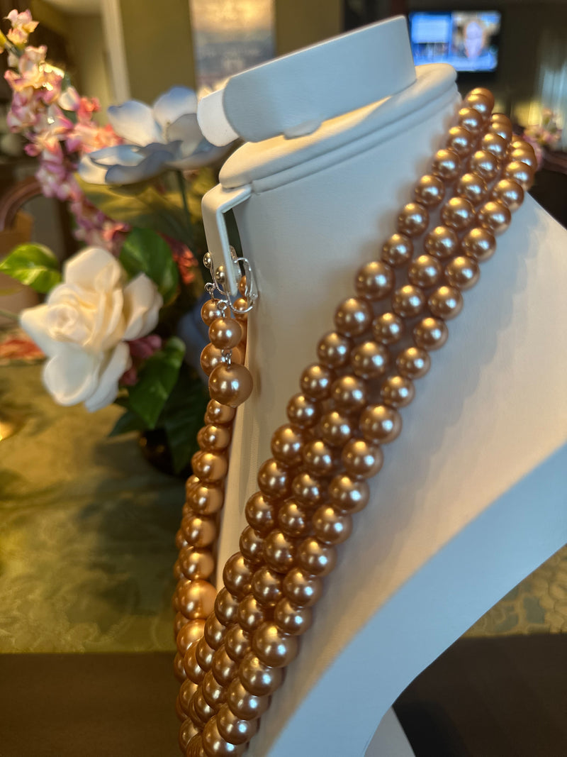 Clip on silver and brown bead three strand necklace and earring set