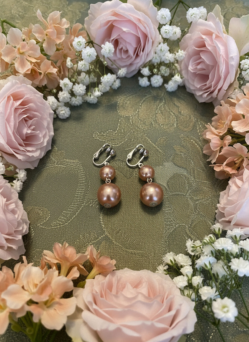 Clip on silver and brown bead three strand necklace and earring set