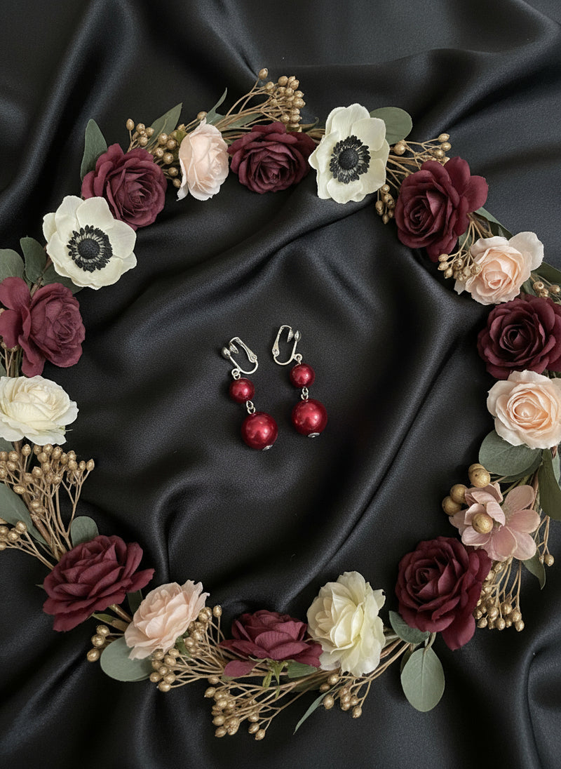 Clip on silver and dark red bead three strand necklace and earring set