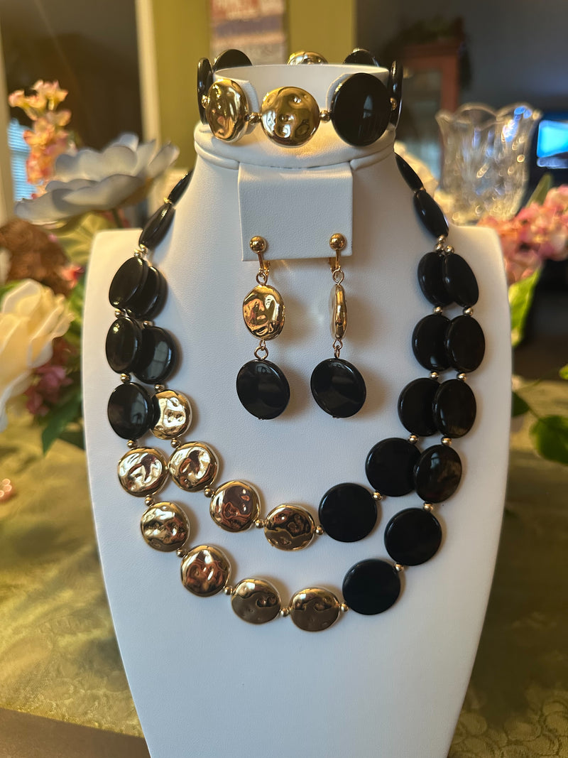 3PC Clip on gold, black flat bead multi strand necklace and earring set