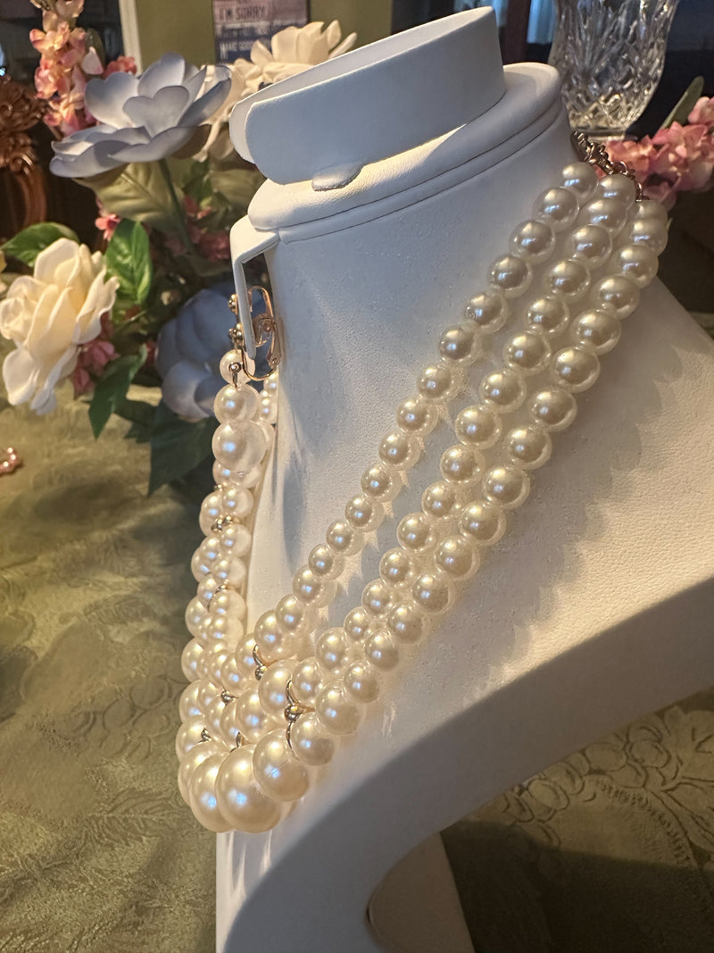 Clip on gold and white pearl statement necklace and earring set