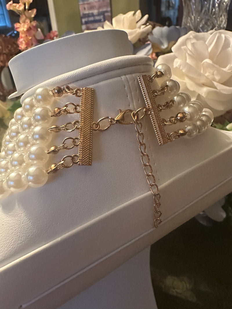 Clip on five strand gold and cream pearl statement necklace set