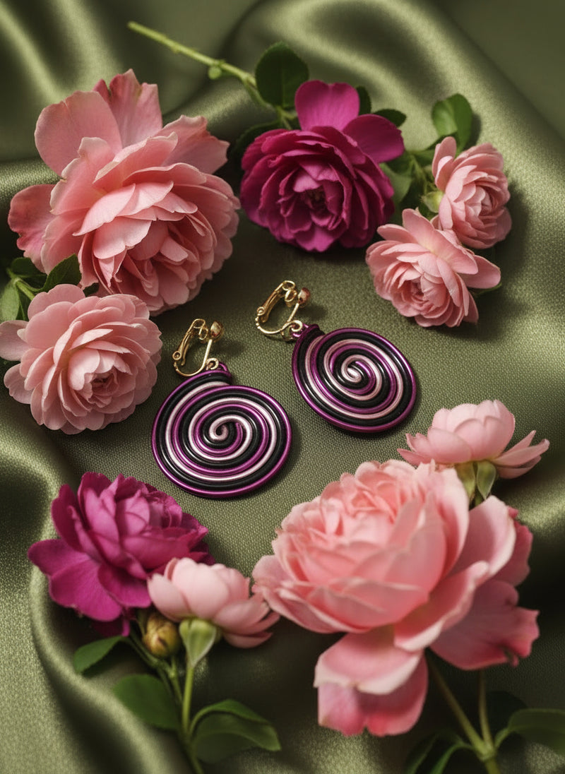 Clip on gold, purple multi colored wire flower necklace and earring set