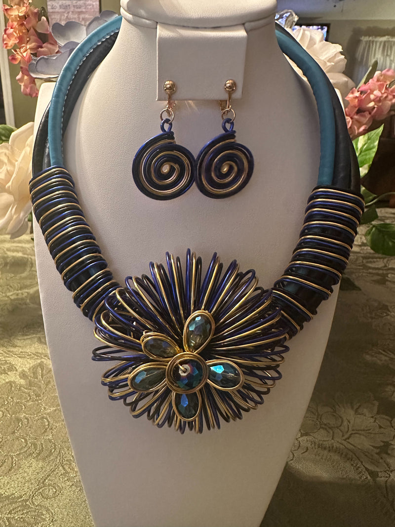 Clip on 2 1/2" round gold top earrings with dangle turquoise woven hoop