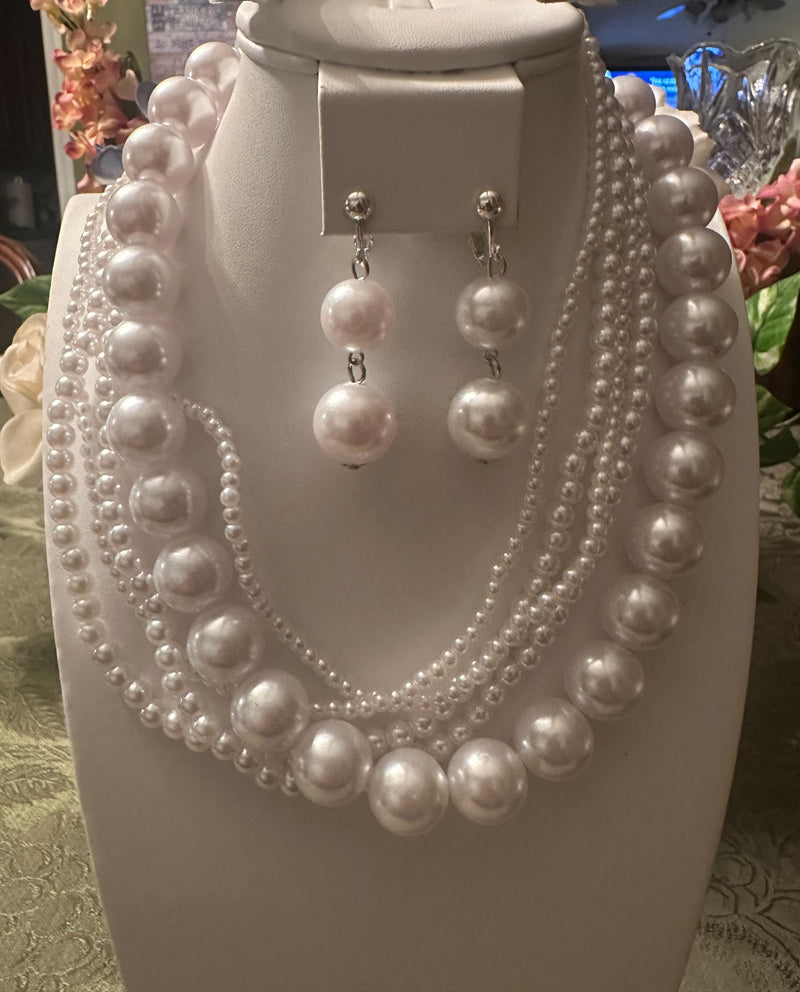 Clip on silver and white multi strand pearl necklace set
