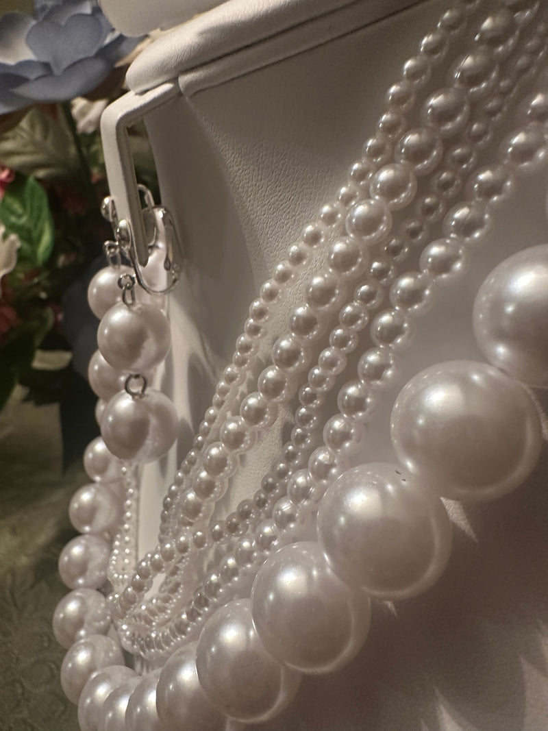 Clip on silver and white multi strand pearl necklace set