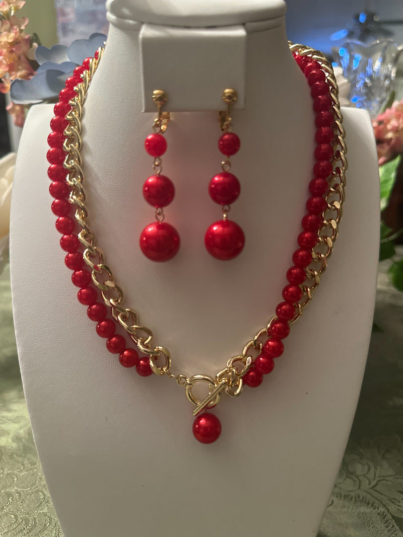 Clip on gold chain and red bead reversable necklace set