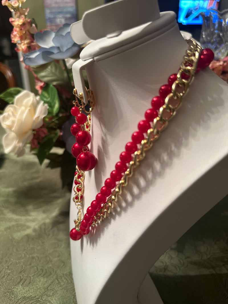 Clip on gold chain and red bead reversable necklace set