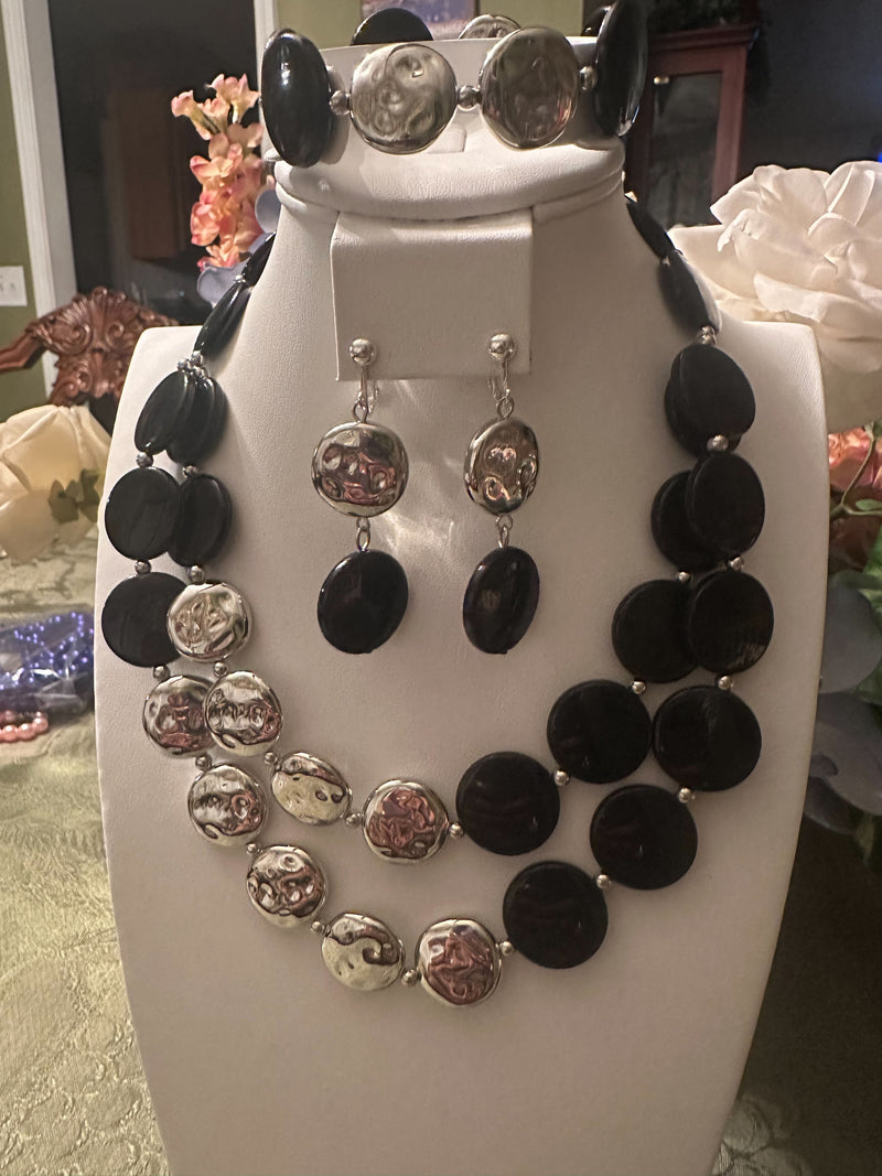 3PC Clip on silver, black flat bead multi strand necklace and earring set